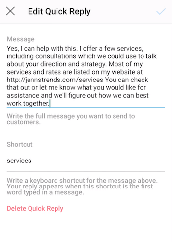Instagram Edit Quick Reply screen