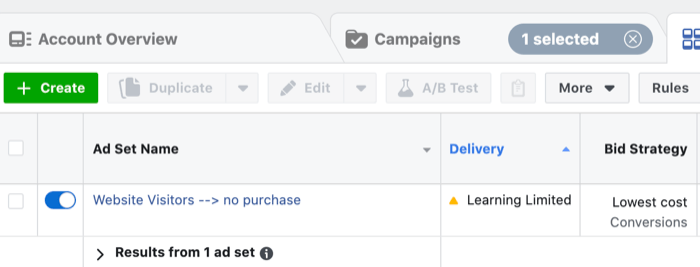 Facebook ads in learning limited phase