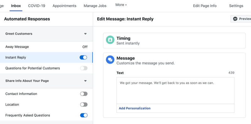 set up Facebook automated response in page settings