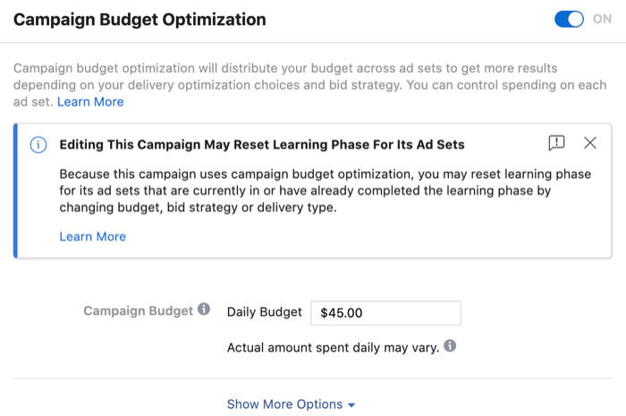 Editing This Campaign May Reset Learning Phase for Its Ad Sets message