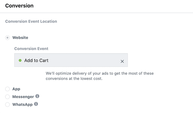 select Add to Cart conversion event in Facebook Ads Manager