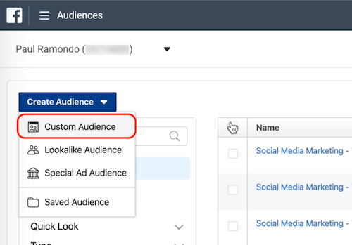 Custom Audience option in Facebook Audiences