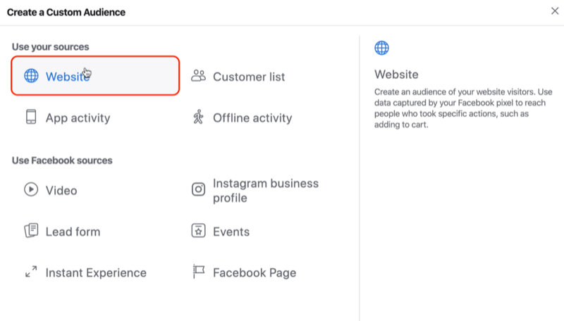 select Website as source for Facebook custom audience