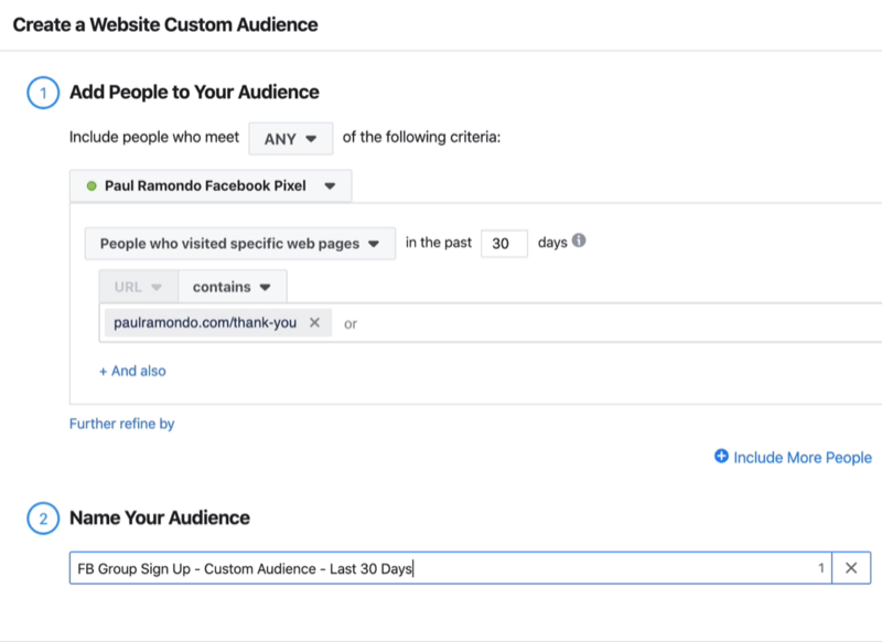 Create a Website Custom Audience window