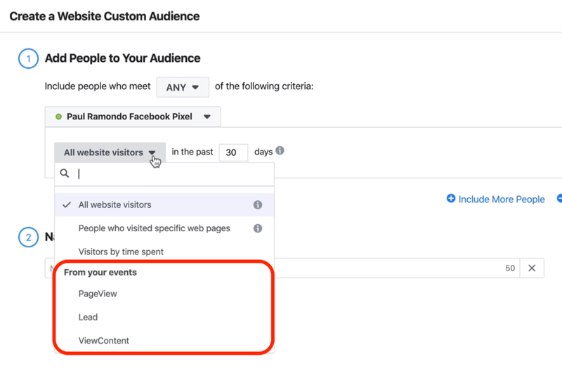 PageView, Lead, and ViewContent options in drop-down menu in Create a Website Custom Audience window