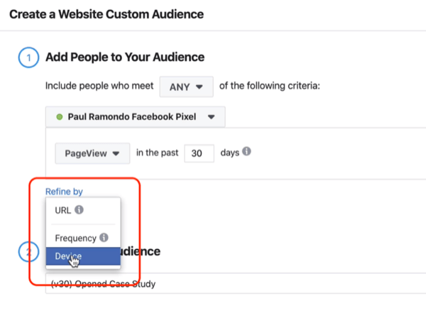 Refine By drop-down menu in Create a Website Custom Audience window