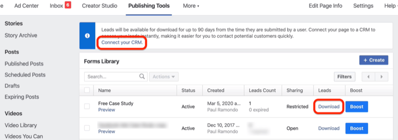 Download button for Facebook form