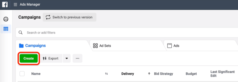 Create button in Facebook Ads Manager