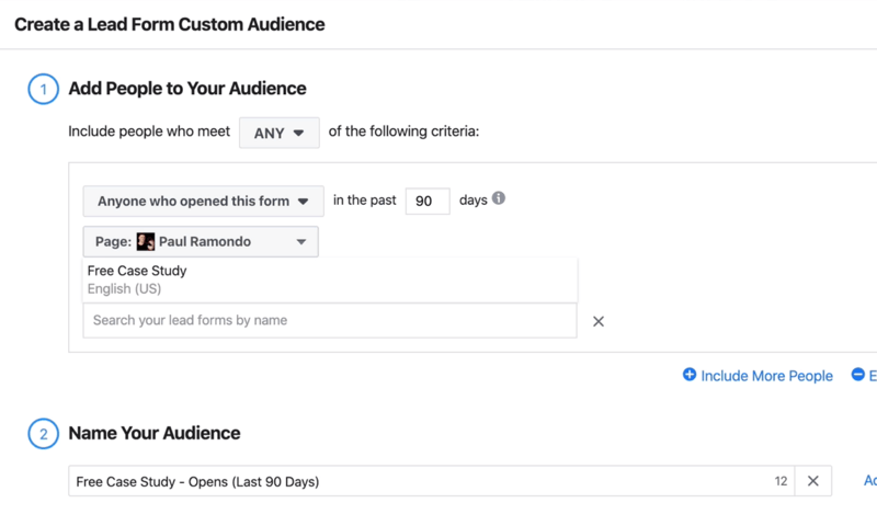 Create a Lead Form Custom Audience window
