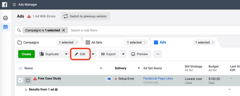 Edit button on Ads tab in Facebook Ads Manager