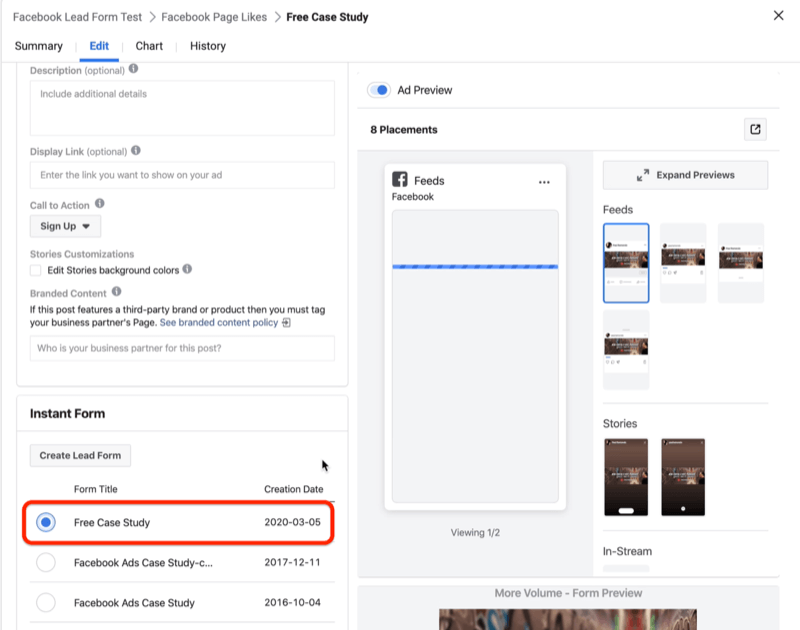 select form for Facebook lead ad