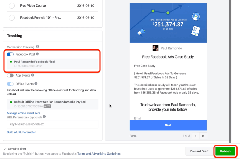 Publish button to publish Facebook campaign