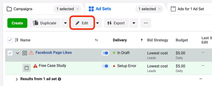 Edit button on Ad Sets tab in Facebook Ads Manager