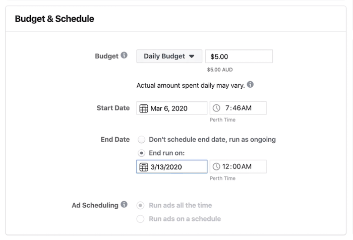Budget & Schedule section at Ad Set level in Facebook Ads Manager