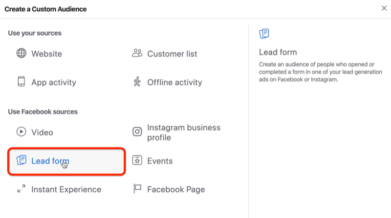 Lead Form option for Facebook custom audience