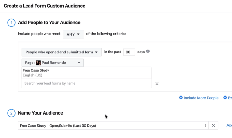 Create a Lead Form Custom Audience window