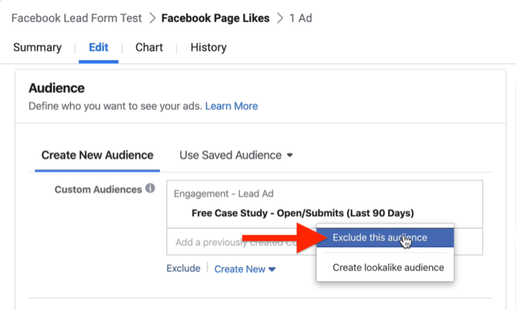 Exclude This Audience option in Audience section of Facebook campaign setup