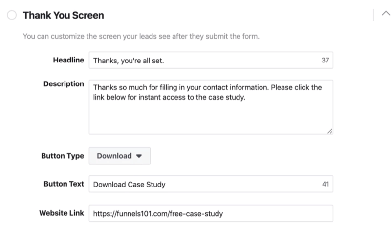 Thank You Screen section of Facebook lead form setup process