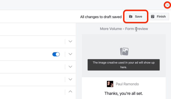 Save button to save Facebook lead form as draft