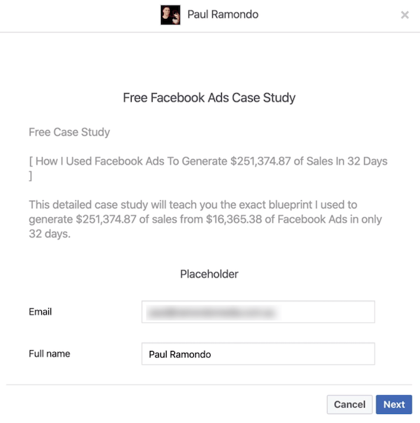 Facebook lead form preview