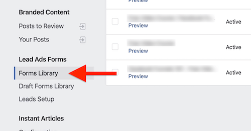 Forms Library option in Facebook Publishing Tools