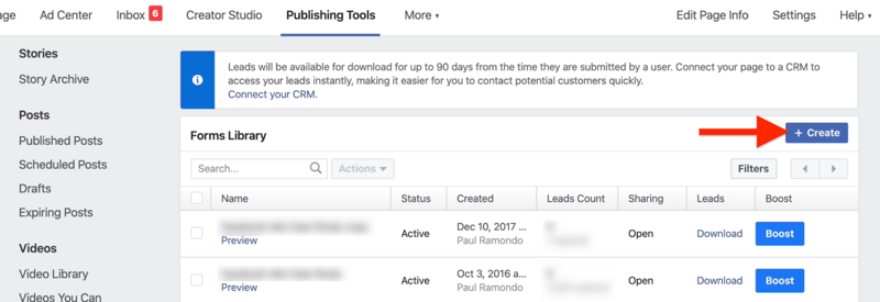 Create button in Facebook Forms Library