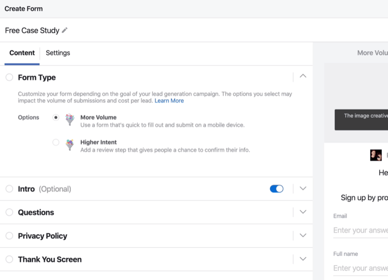 Form Type section of Facebook lead form setup process