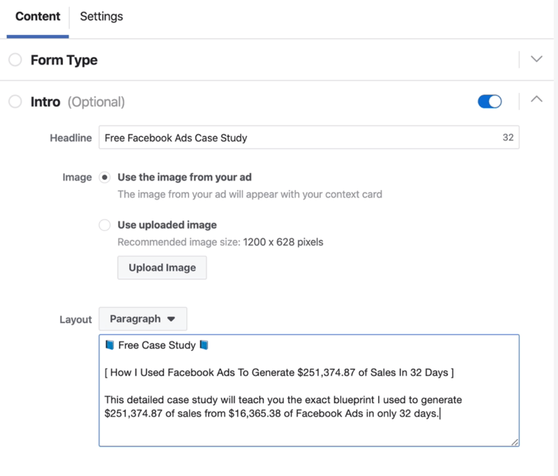 Intro section of Facebook lead form setup process