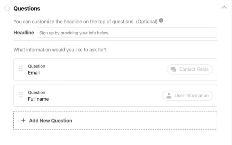 Questions section of Facebook lead form setup process