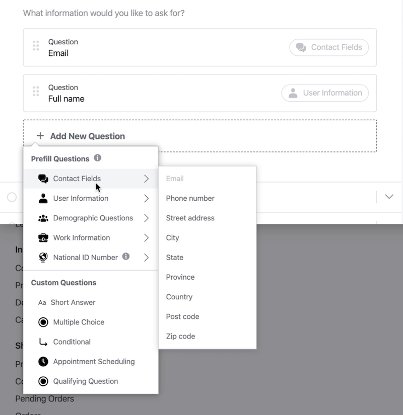 Prefill Questions and Custom Questions options for Facebook lead forms setup