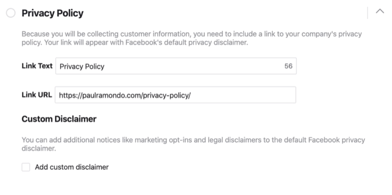 Privacy Policy section of Facebook lead form setup proces