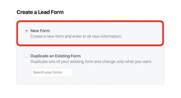 New Form option in Facebook Create a Lead Form window