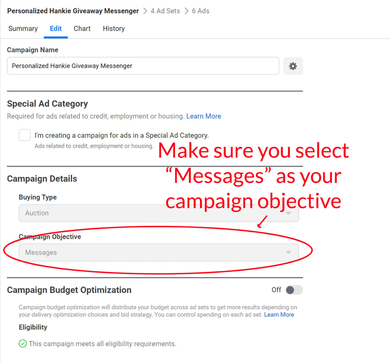 facebook messenger giveaway messenger ad set up step 6