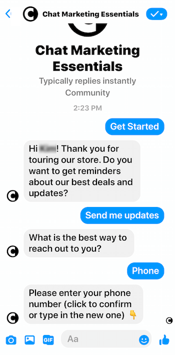 Facebook Messenger bot asking for phone number confirmation