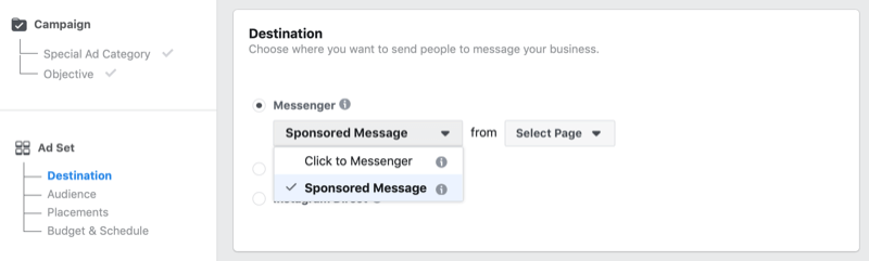 Facebook Sponsored Message option in Facebook Ads Manager