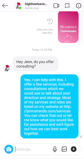 Instagram quick reply sent to recipient