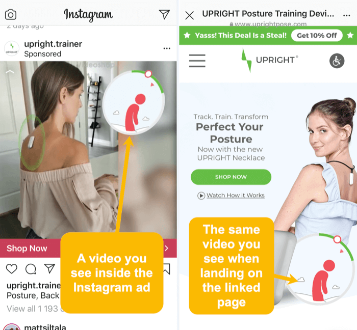 gleiche Video- und visuelle Elemente in der Instagram-Anzeige und der verknüpften Zielseite