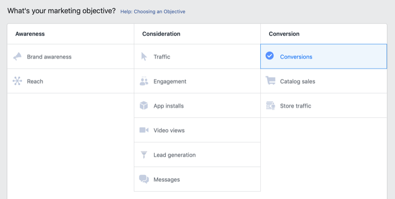 Conversions objective selected for Instagram ad campaign