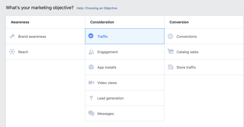 Traffic objective selected for Instagram ad campaign