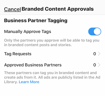 Instagram branded content approval settings for business profile