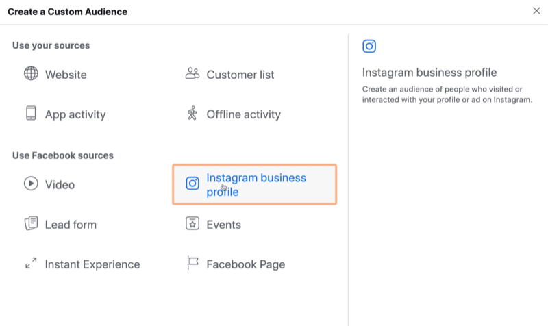select Instagram Business as source for Facebook custom audience