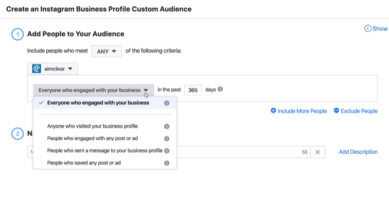 Create an Instagram Business Profile Custom Audience window