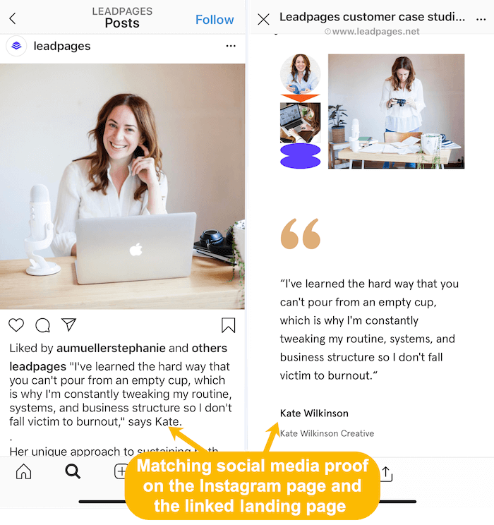 matching customer stories on Instagram feed and linked landing page