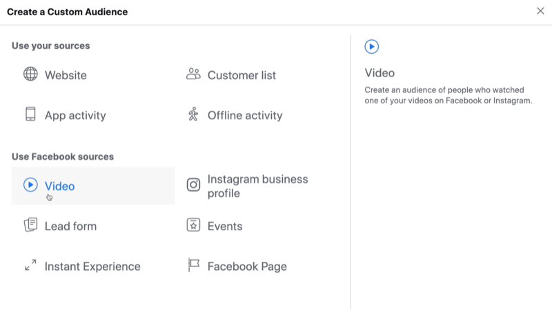 select Video as source for Facebook custom audience