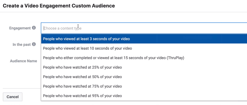 Engagement drop-down menu in Create a Video Engagement Custom Audience window