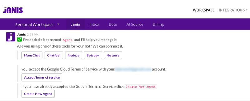 Janis.ai personal workspace showing option to connect bot