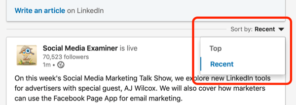 sort LinkedIn feed by Top or Recent