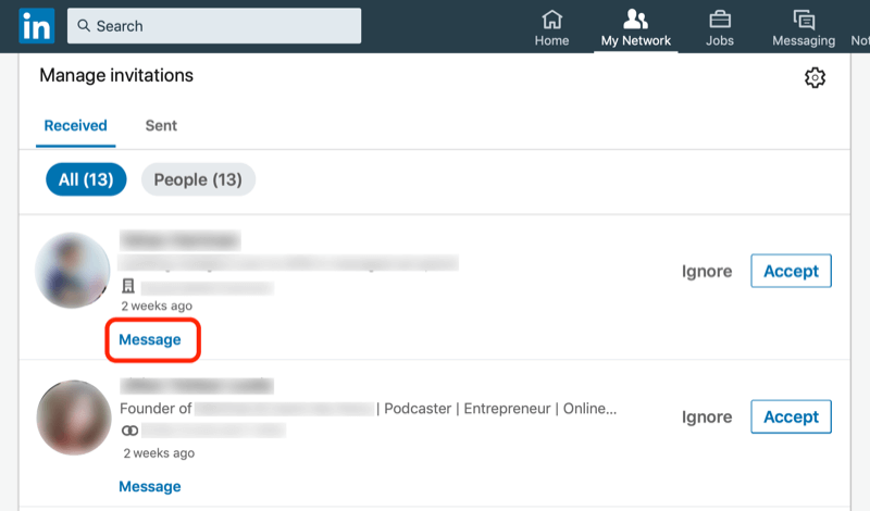 message LinkedIn users from Manage Invitations screen