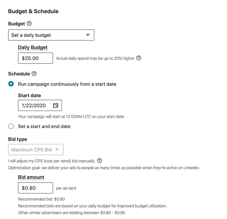 set budget for LinkedIn message ad