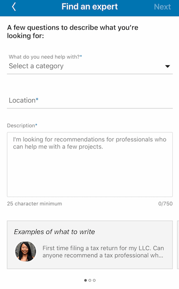 LinkedIn Find an Expert option